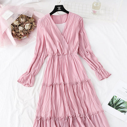 Chiffon slim retro pleated skirt medium length  3995