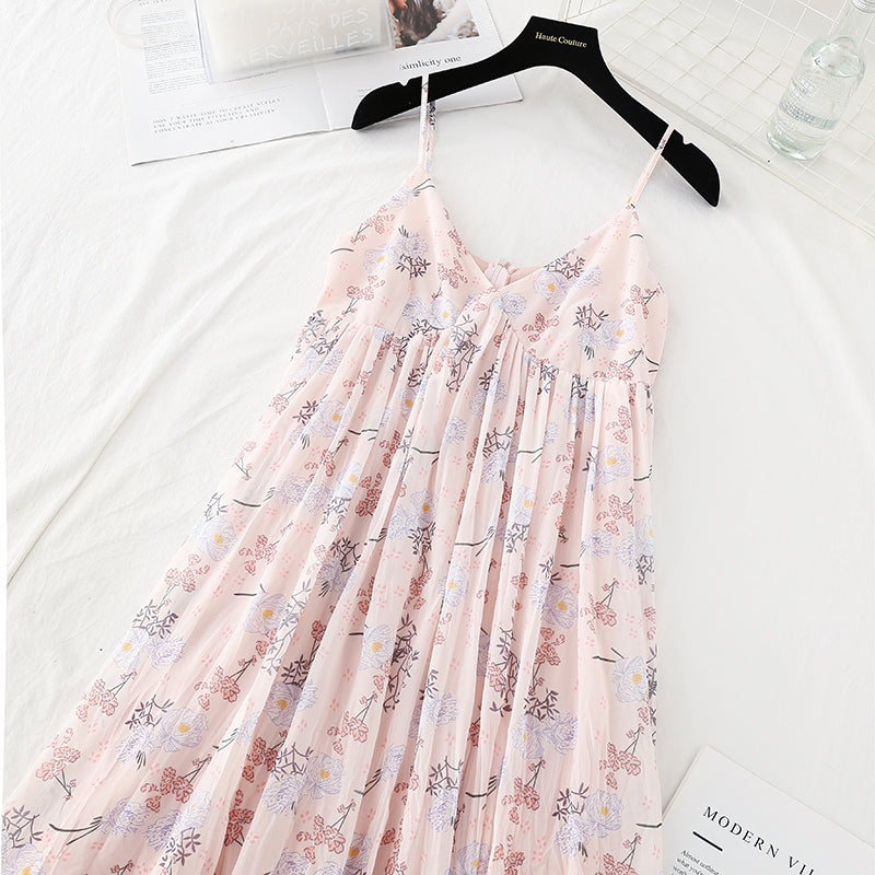 Floral Pleated Chiffon Skirt fairy super xiansen French dress  4684