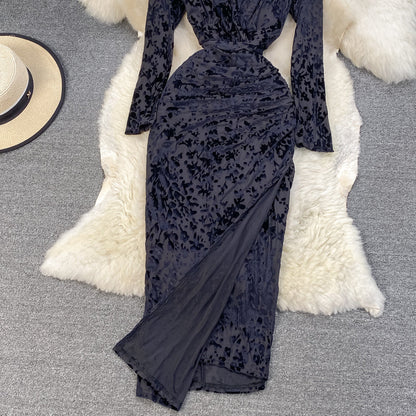 Slim, thin, split temperament, bronzed print V-neck dress  3767