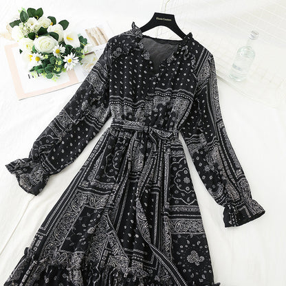 Temperament gentle wind long sleeve skirt high thin dress  3914