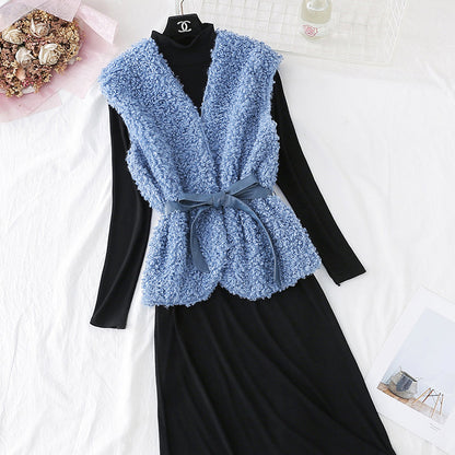 Black bottomed dress + Lamb Fur Vest long skirt  4456