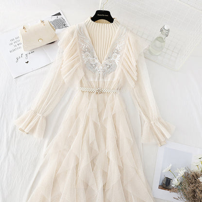 Embroidered mesh shows thin temperament knitted dress for women  4092
