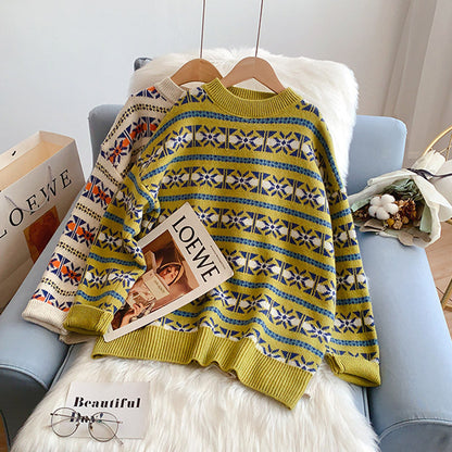 Round neck Vintage jacquard soft waxy sweater female  5166