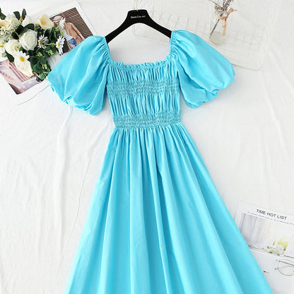 New French square neck off shoulder bubble sleeve cotton linen dress  4255