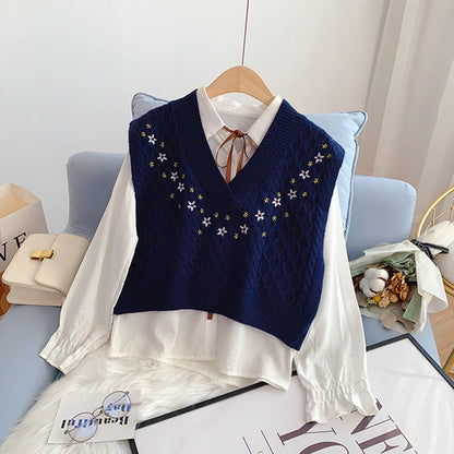 Embroidered knitted vest women's Vest sweater Waistcoat Vest  4934