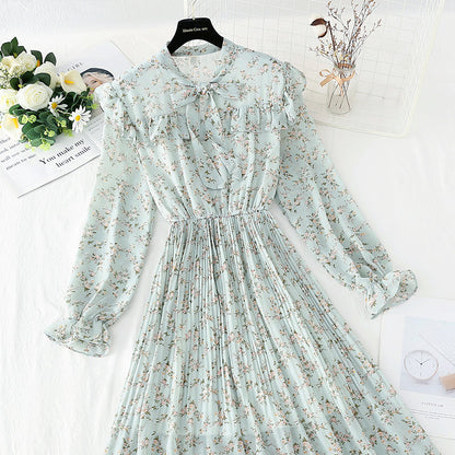 Bow chiffon dress shows thin temperament, slim pleated floral skirt  4089