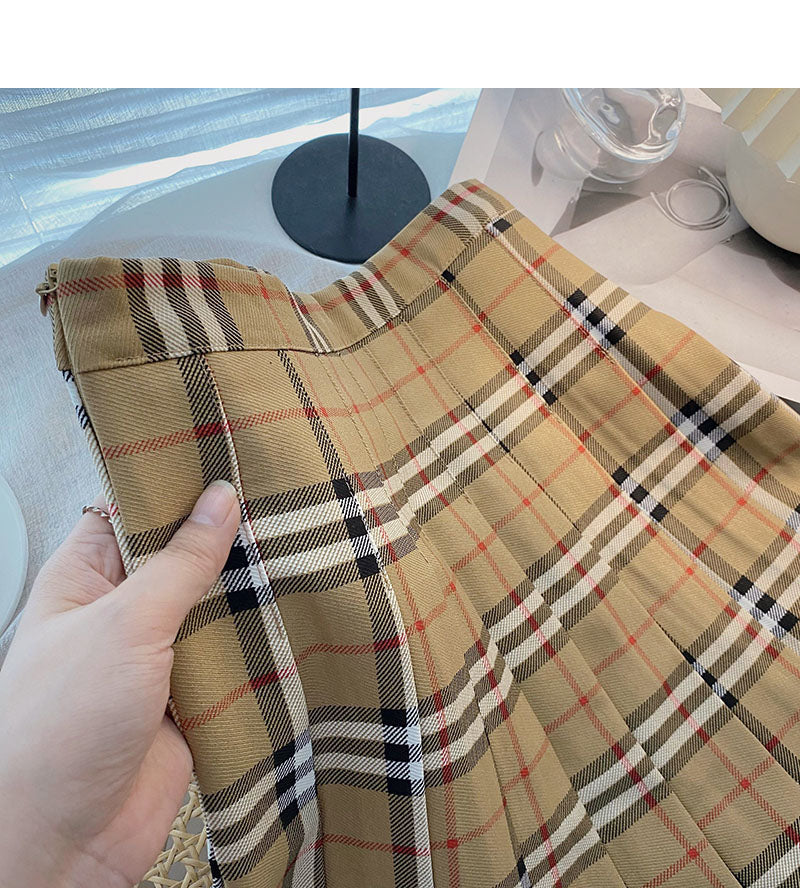Plaid pleated skirt women's age reducing high waist A-line skirt  5435