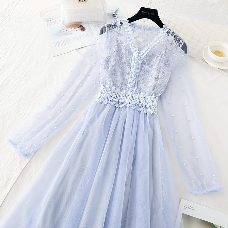New mesh lace stitched skirt fairy Sen suit long skirt  4401