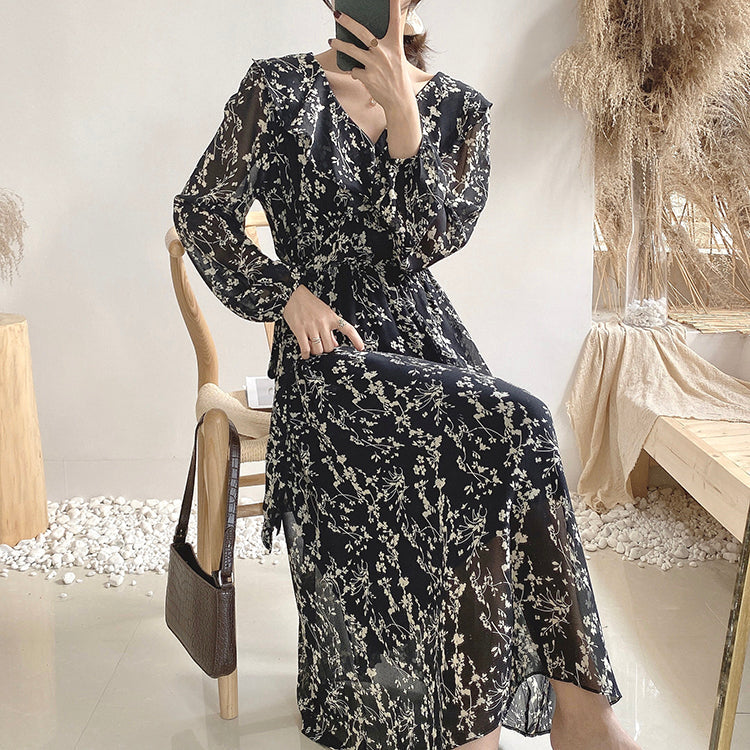 Retro High Waist over knee thin Chiffon Dress  3882