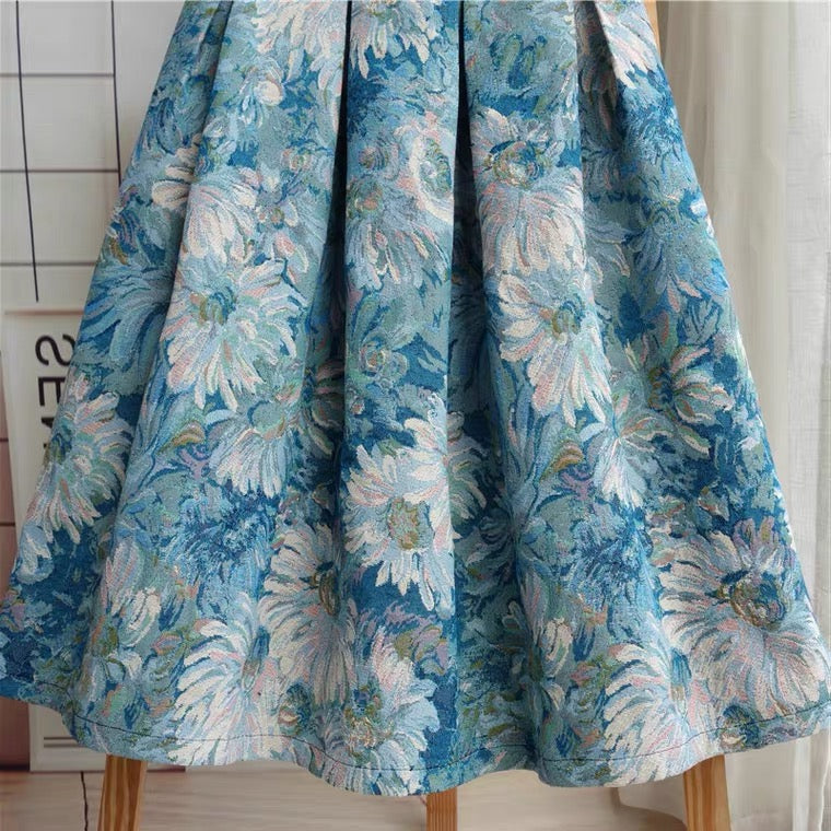 Painted jacquard high waist umbrella skirt, new style, embroidered blue and white porcelain oil painting skirt, bouffant skirt, vintage skirt  3546