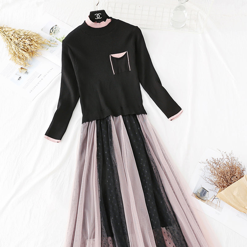 Fashion stitching waist closing mesh pleated bottom skirt  4446
