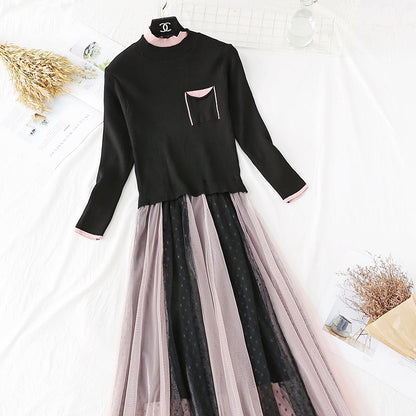 Fashion stitching waist closing mesh pleated bottom skirt  4446
