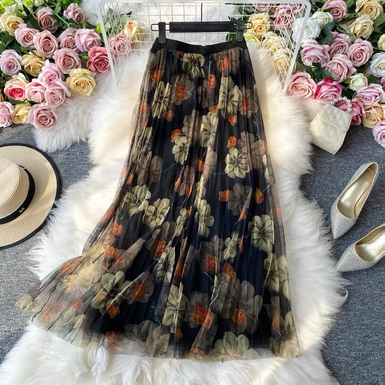 Fashion print skirt, elastic waist gauze skirt, new style, high waist pleated skirt, A-line skirt mid-length skirt  3523