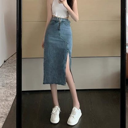 Split denim skirt, high waist, temperament bodycon skirt  3571