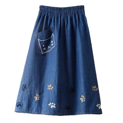 Spring and summer, new ,denim skirt, cute cat embroidery, high waist big swing mid-length skirt, A-line skirt  3611