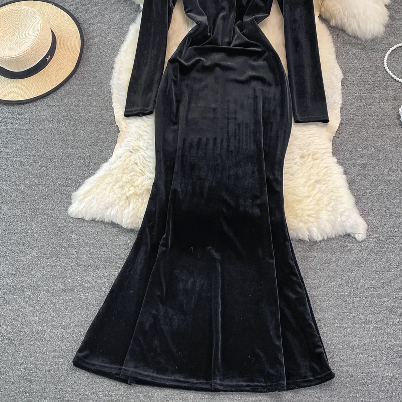 Long sleeve slim slim velvet fishtail buttock dress  3753