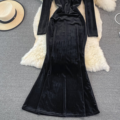 Long sleeve slim slim velvet fishtail buttock dress  3753