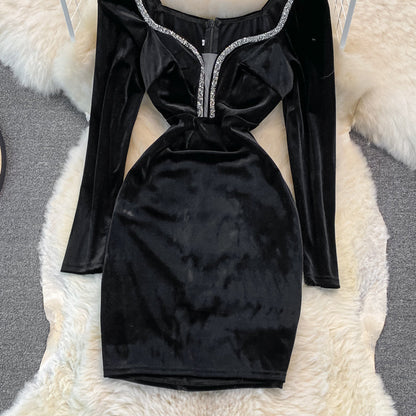 Velvet with diamond temperament, slim waist, sexy hip wrap dress  3750