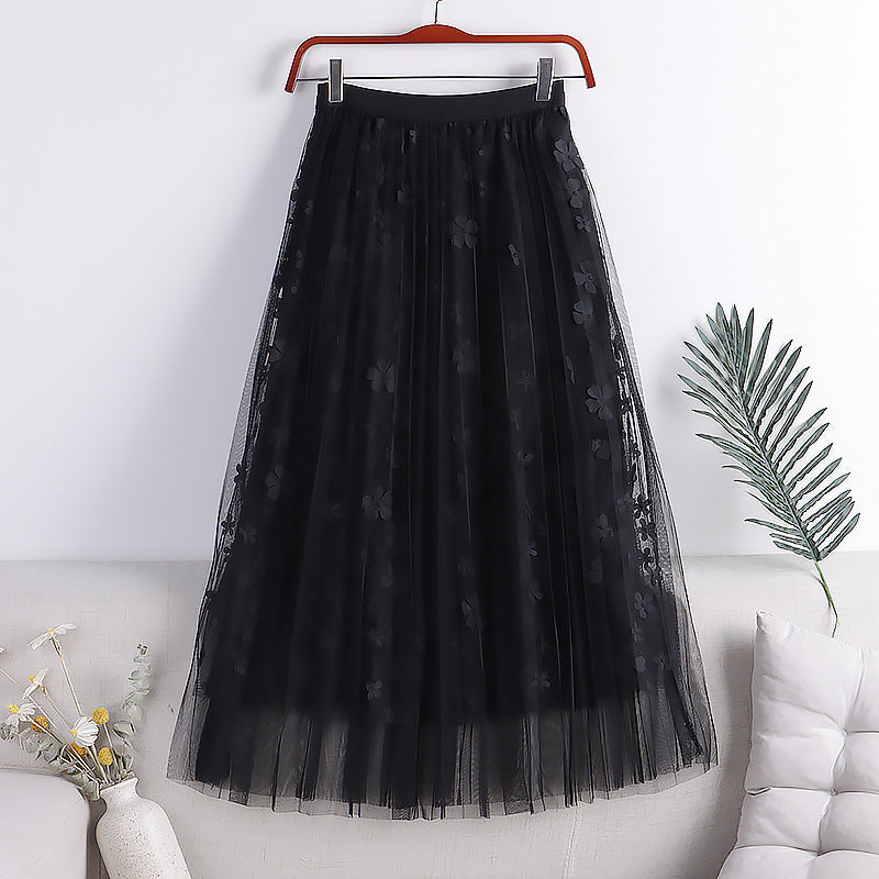 New style, double mesh, Daisy high waist A-line skirt, mid-length skirt  3589
