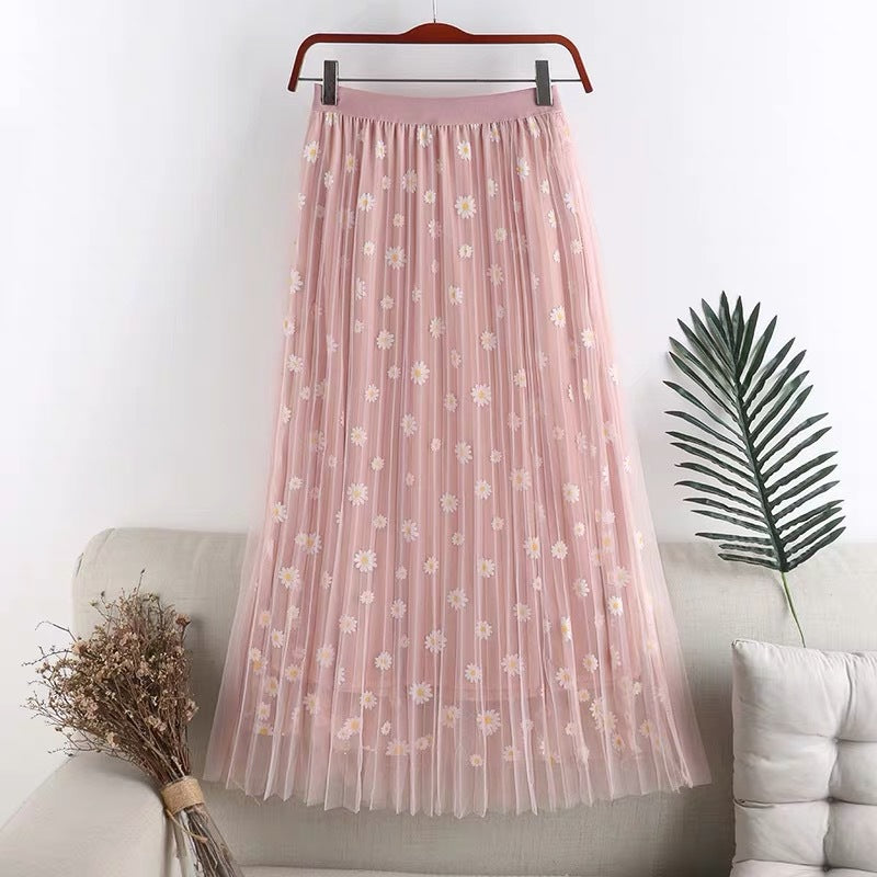 New style, double mesh, Daisy high waist A-line skirt, mid-length skirt  3589