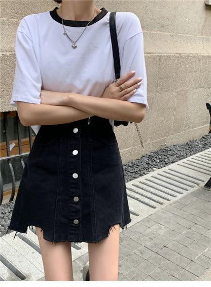 Irregular black skirt, summer, new style, high-waisted A-line skirt  3656