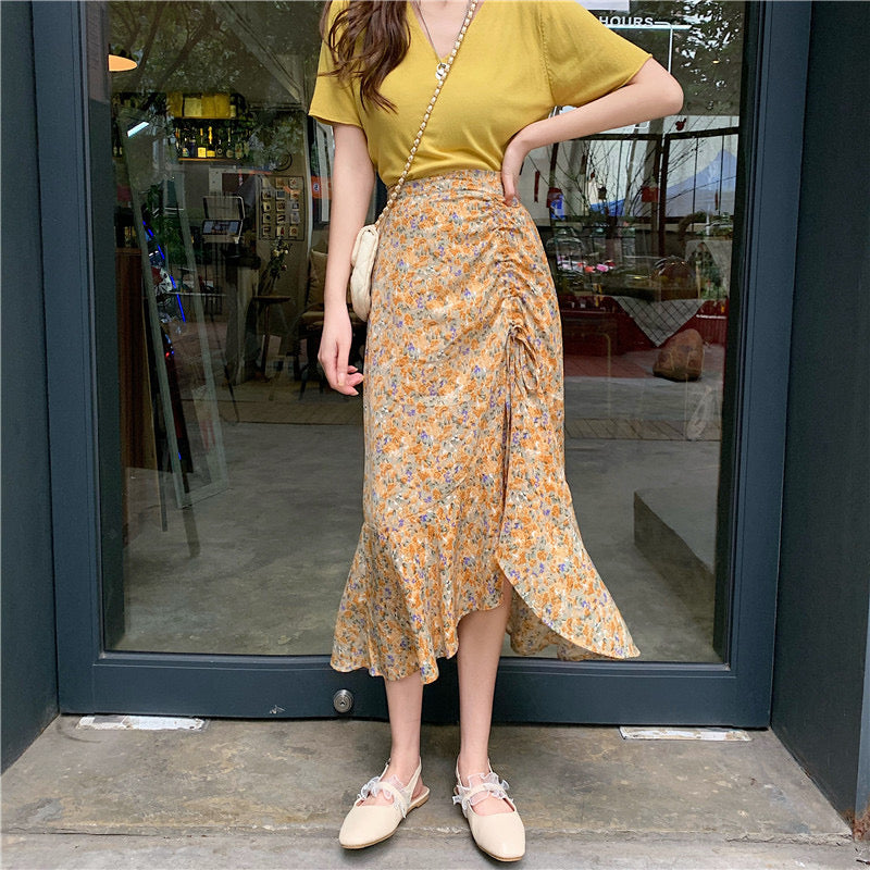 Midi floral skirt, new style, high waist, drawstring fishtail A-line skirt  3652