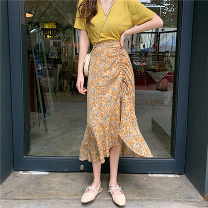 Midi floral skirt, new style, high waist, drawstring fishtail A-line skirt  3652