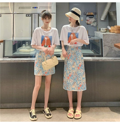 Oil painting broken flower skirt, summer, thin bodycon skirt,high waist midi skirt  3555