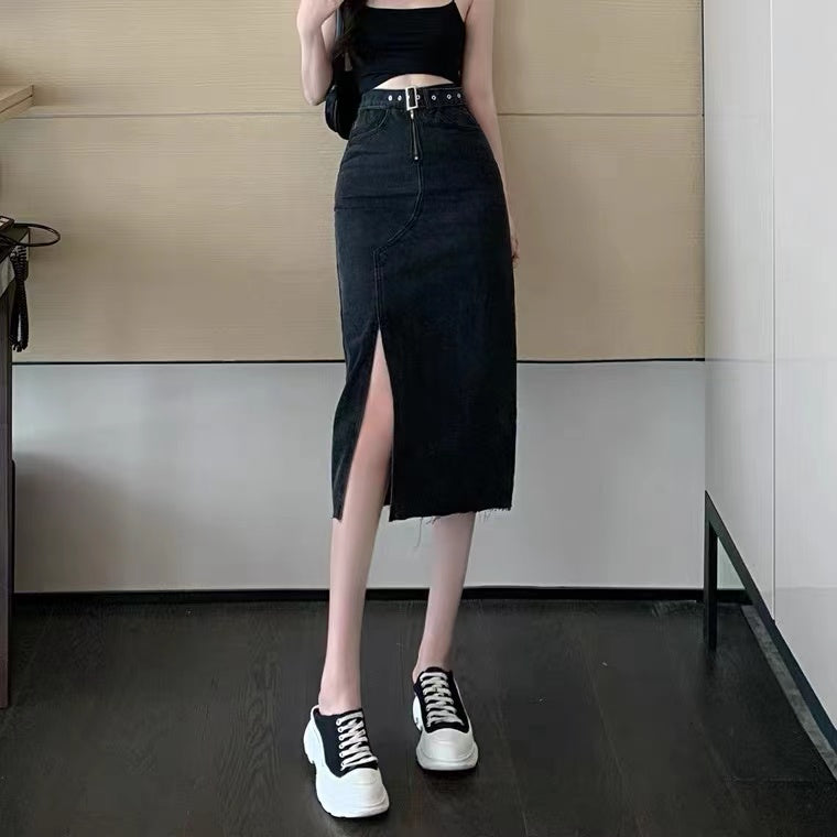 Split denim skirt, high waist, temperament bodycon skirt  3571