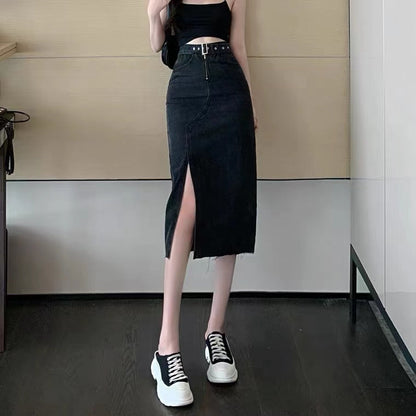Split denim skirt, high waist, temperament bodycon skirt  3571