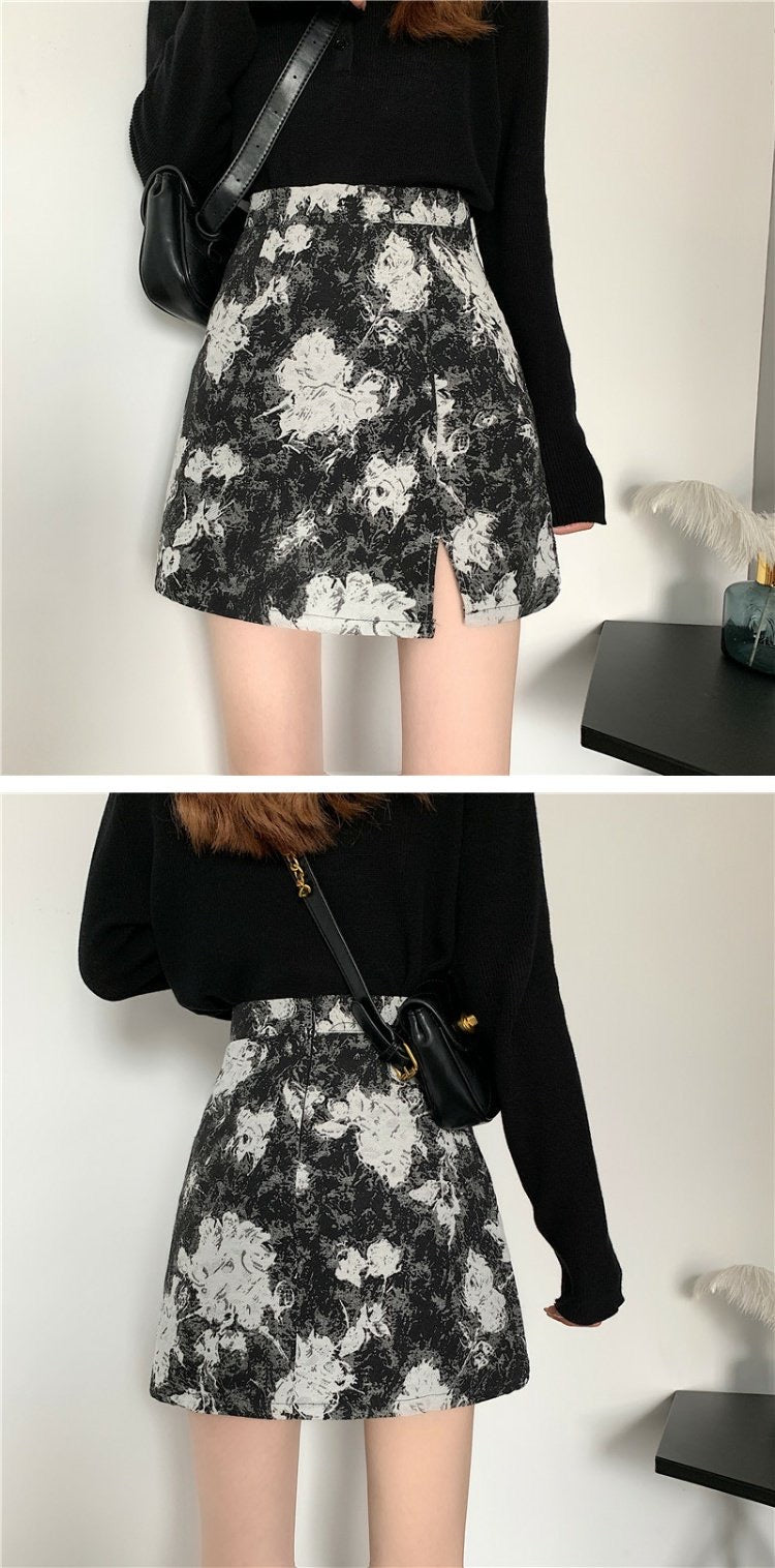 Oil painting skirt, new style, high waist, short skirt, buttock skirt, split A-line skirt  3558