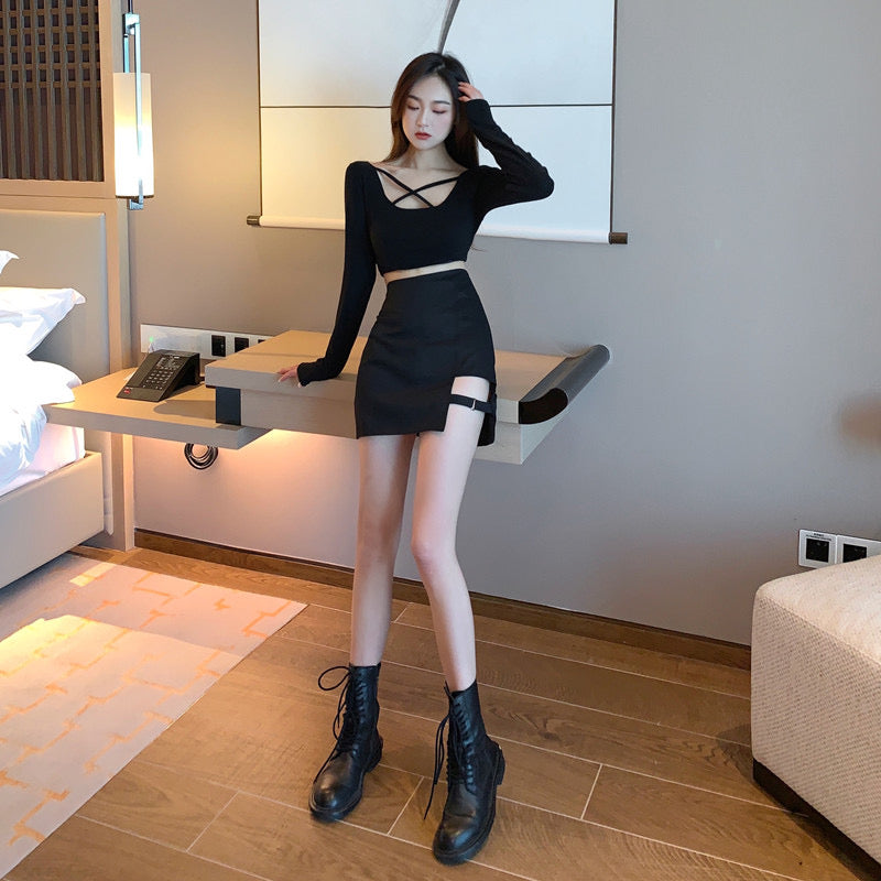 Irregular skirt, spring/summer, new style, high-waisted skirt, black bodycon skirt  3650