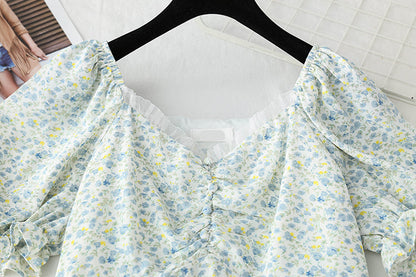Line shoulder square neck bubble sleeve waist narrow skirt  3738