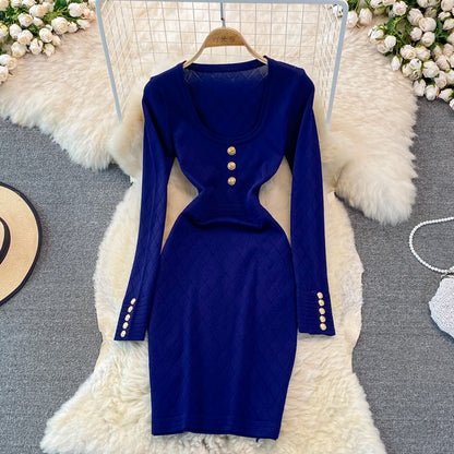 Long sleeve sexy personalized square neck knitted bag hip bottomed dress  3781