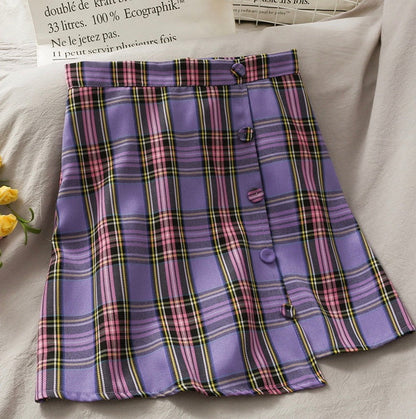 Literary, small and fresh, irregular breasted high waist A-line skirt, plaid skirt  3614