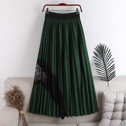 New style, high waist, large swing, elastic waist, pleated spliced lace mid-length skirt  3624