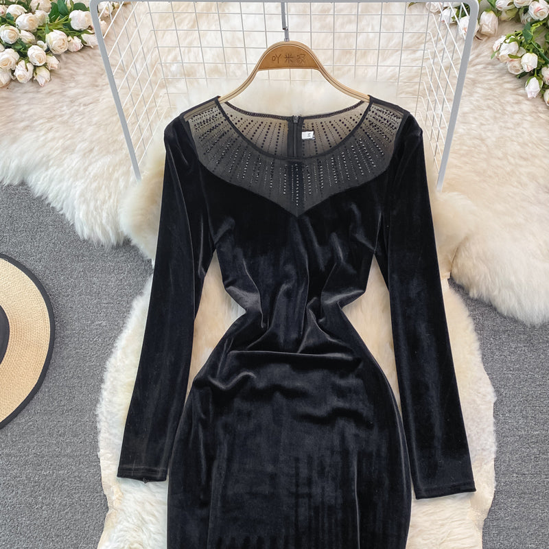 Long sleeve slim slim velvet fishtail buttock dress  3753