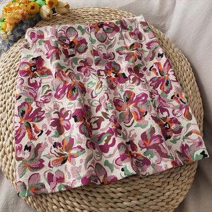 Vintage, printed high-waisted, short-cut skirt, embossed A-line skirt  3600
