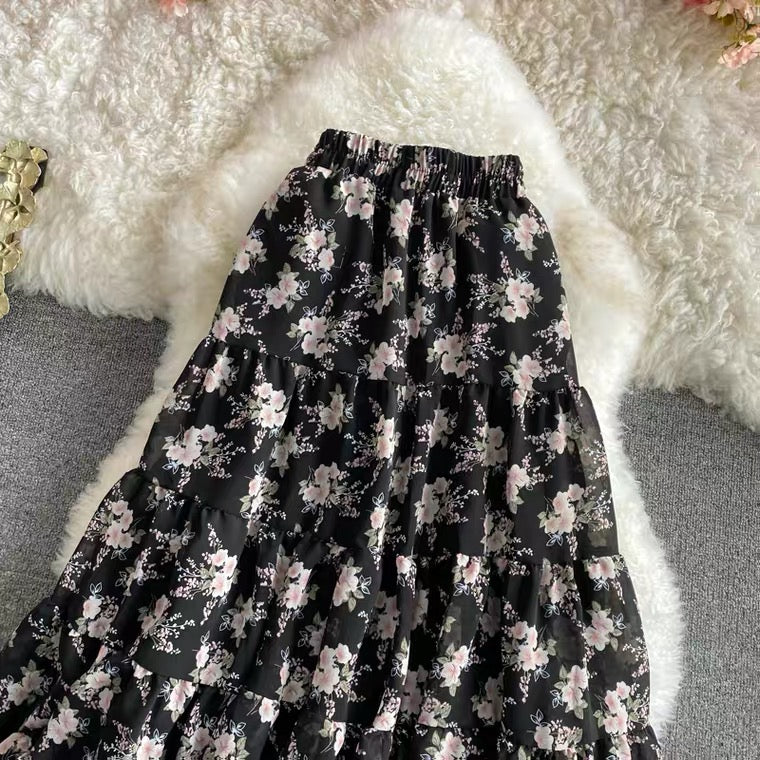 Elastic-waist floral chiffon skirt, all-match sweet long skirt, high waist fairy A-line big swing long skirt  3562