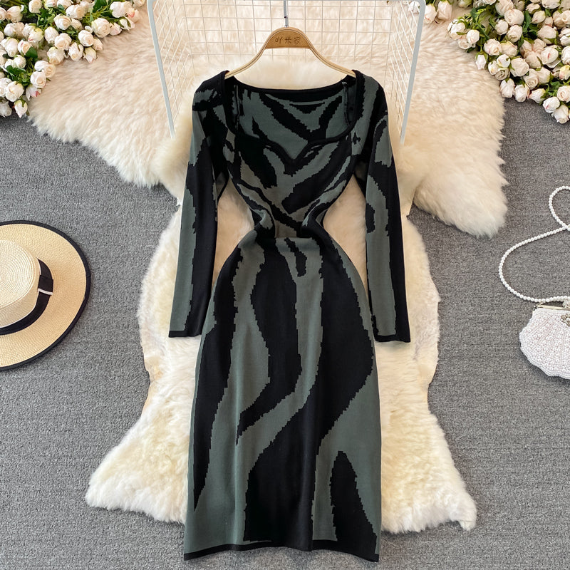 Zebra jacquard knitted square neck dress tight Hip Wrap Skirt  3760