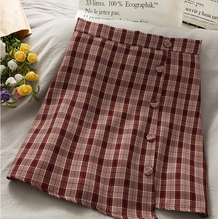 Literary, small and fresh, irregular breasted high waist A-line skirt, plaid skirt  3614
