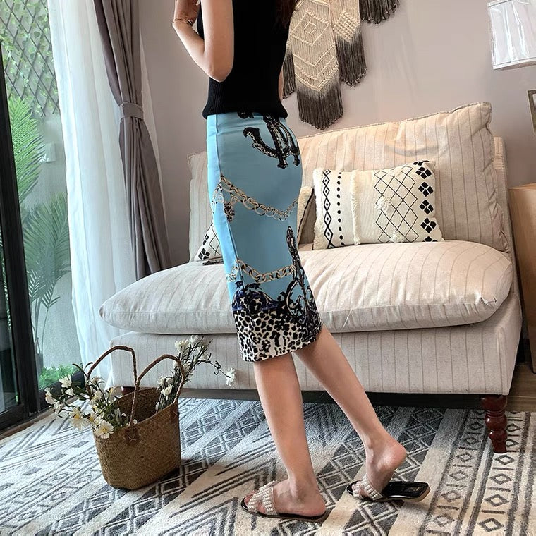 High-fanny hip skirt ,slimming stretch bodycon skirt, slit print skirt  3543