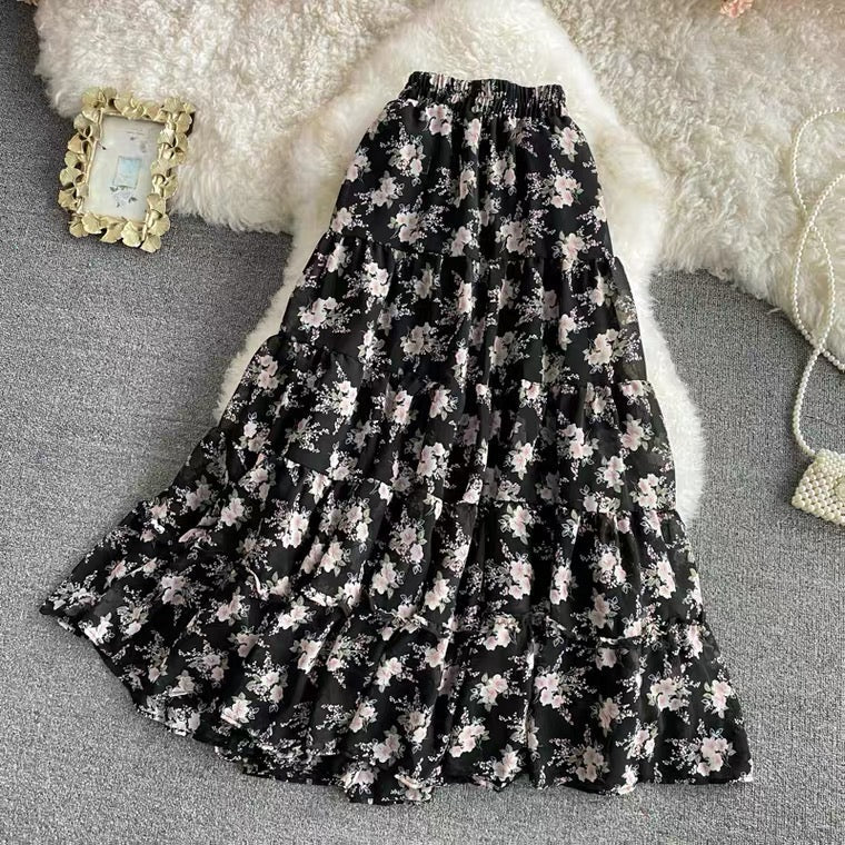 Elastic-waist floral chiffon skirt, all-match sweet long skirt, high waist fairy A-line big swing long skirt  3562