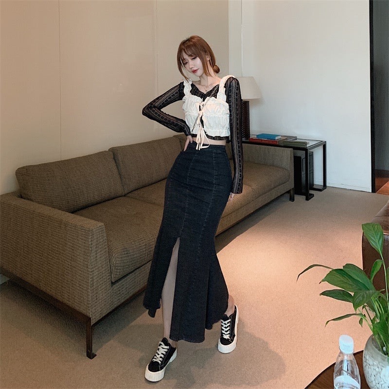 Fashion Mermaid Skirt, New Style, High Waist, Midi Hip Skirt, Vintage Denim Skirt  3570