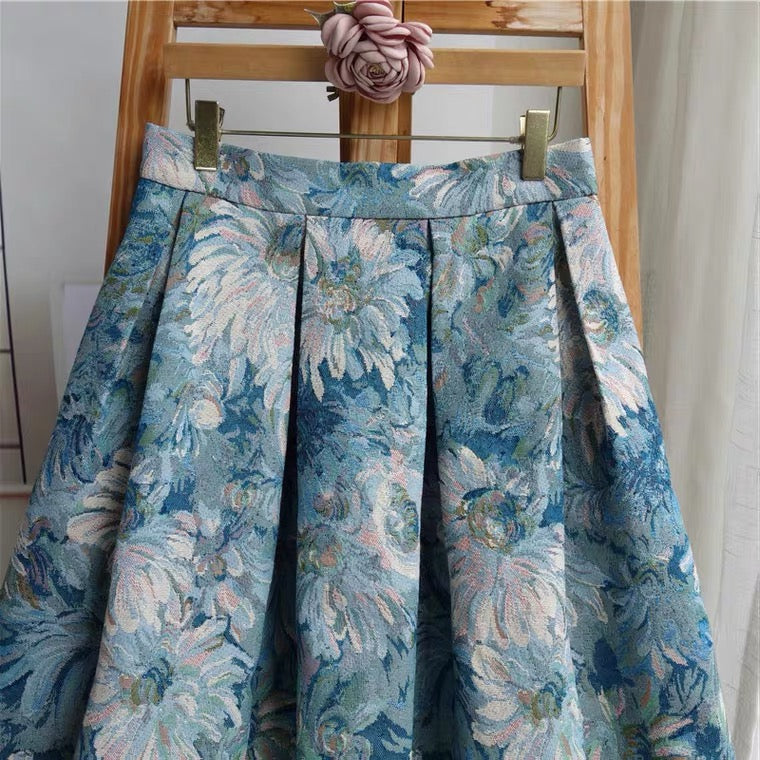 Painted jacquard high waist umbrella skirt, new style, embroidered blue and white porcelain oil painting skirt, bouffant skirt, vintage skirt  3546
