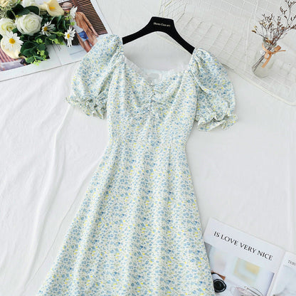Line shoulder square neck bubble sleeve waist narrow skirt  3738