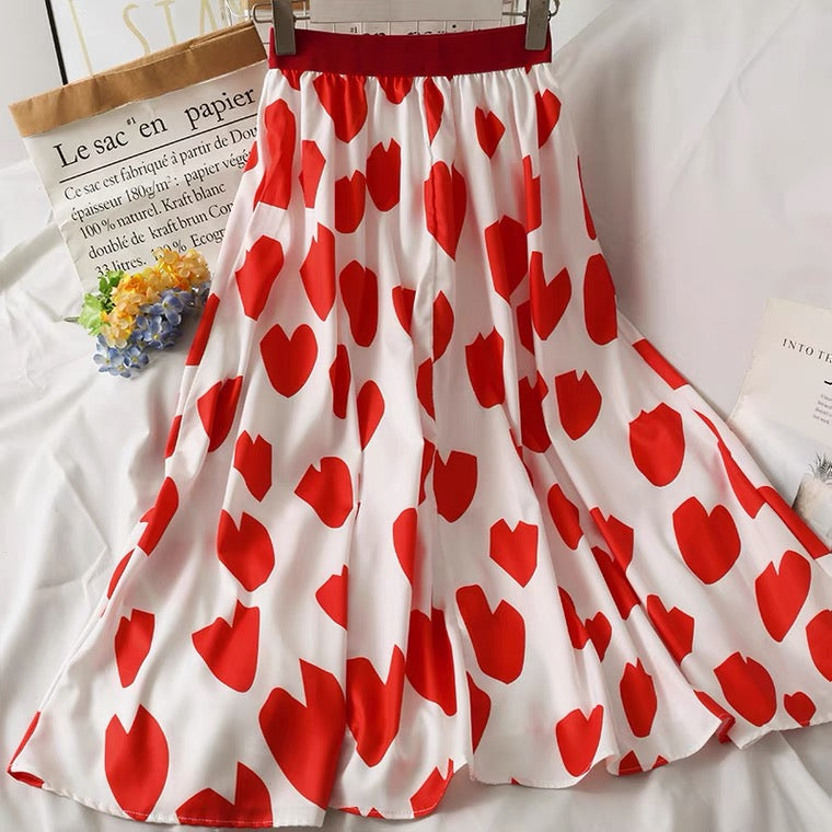 Sweet wind, heart print mid-length skirt, high waist thin A-line skirt  3595