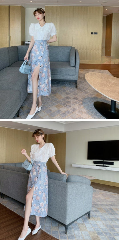 New style, temperament, midi split skirt, long floral A-line skirt  3552