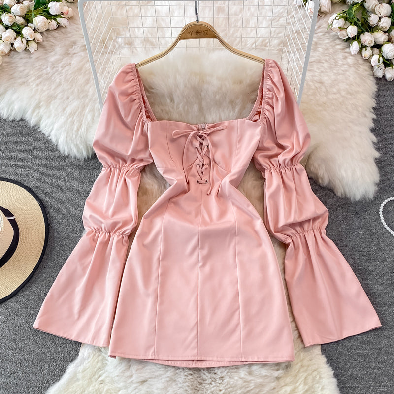 Bubble sleeve square neck high waist slim dress  3761