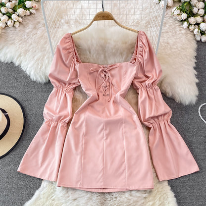 Bubble sleeve square neck high waist slim dress  3761